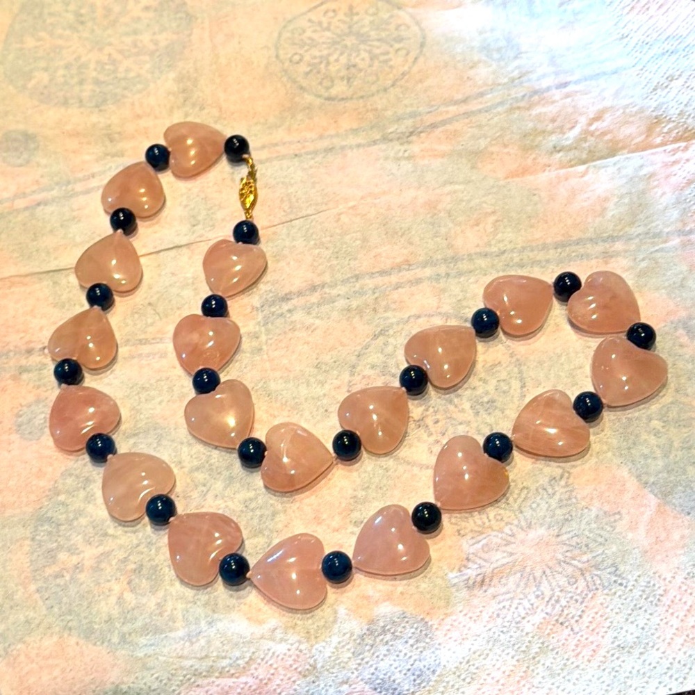 Rose quartz heart beads & lapis knotted necklace w/ 14K gold clasp - 24”’